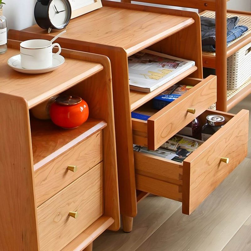 "Solid Wood Nightstands Natural Wood Color with Drawers and Open Shelf - 14"L x 16"W x 22"H"