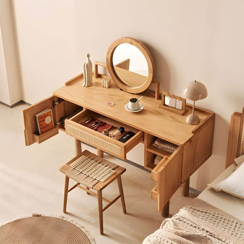 "Ash Wood Rectangle Dressing Table with Storage Cabinets and 4 Legs - Makeup Vanity"