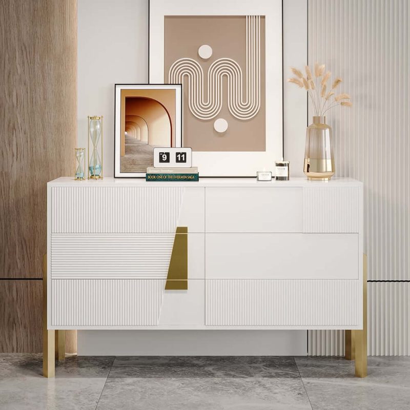 "55"W Modern White 6 Drawer Dresser Fluted Chest Storage Cabinet"