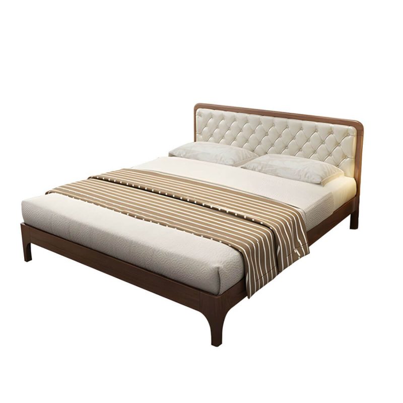 "Mid-Century Modern Upholstered Panel Bed in Genuine Leather with Tufted Headboard - White 59"W x 79"L"