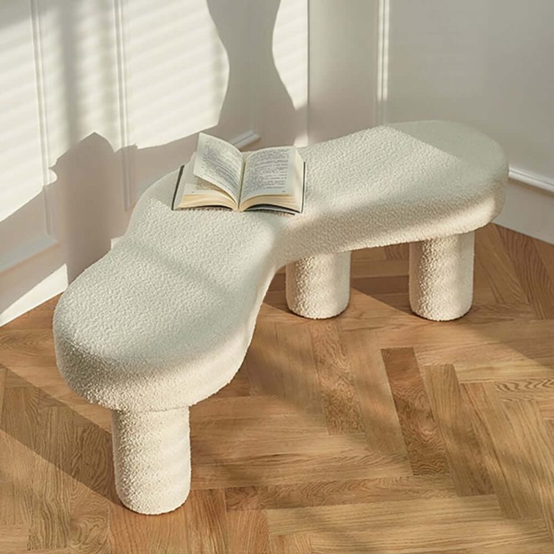 "Modern White Bedroom Bench Boucle Tufted Long Bench with 4 Legs"