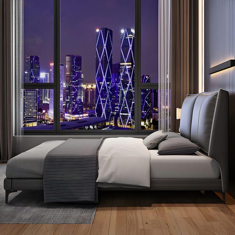 "Contemporary Genuine Leather Grey Standard Bed with Custom Gold Legs - 59"W x 79"L"