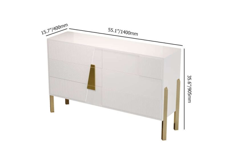 "Dimension of 55"W Modern White 6 Drawer Dresser Fluted Chest Storage Cabinet"