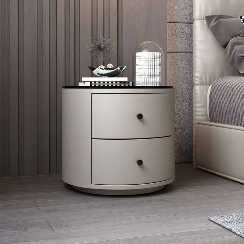 "Contemporary Faux Leather Nightstand 2/3 - Drawer Nightstand - 2 Off-White Glass"