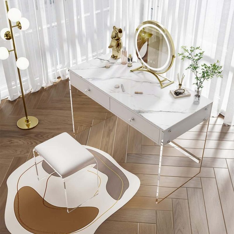 "Modern Acrylic Floating Makeup Vanity Set with LED Lighted Standing Mirror & Stool"