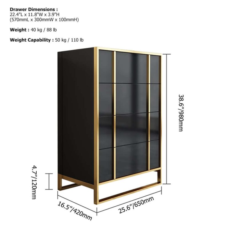 "Dimension of Rimh Modern Black & Gold Wooden Chest of 4 Drawers with Stainless Steel Legs"