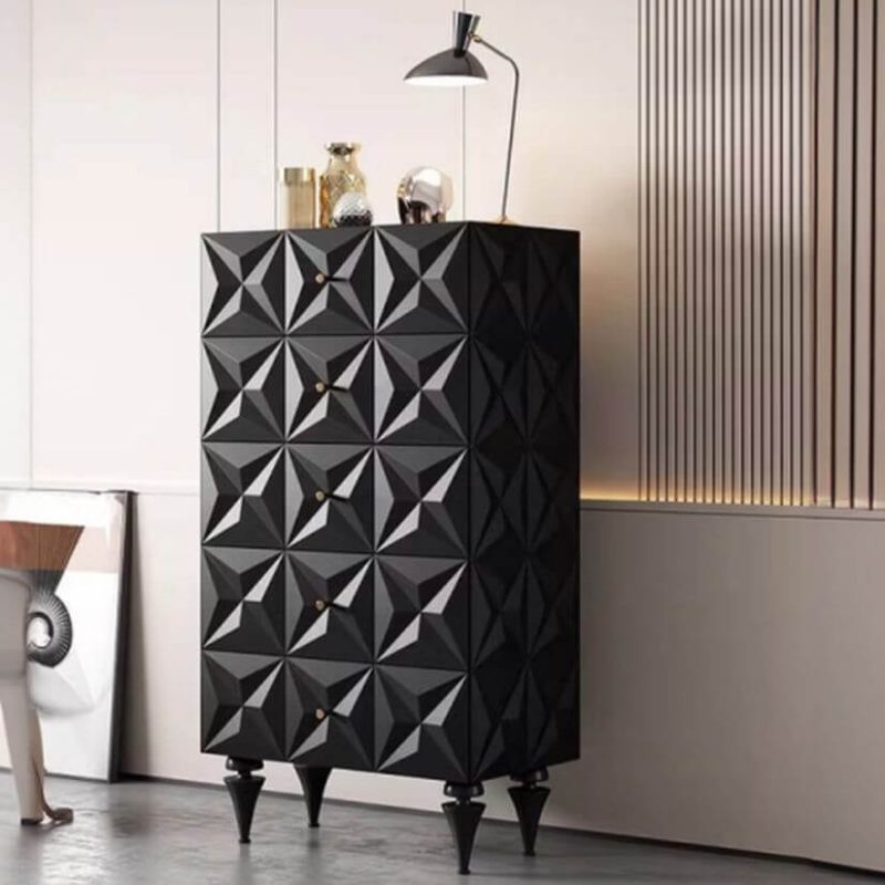 "Victorian Midnight Black Bachelor Chest with 5 Drawers, Vertical Orientation, and Raw Wood Material"