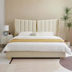 "Modern Beige King Size Bed Wingback Headboard Leather Upholstery & Gold Stainless Steel"