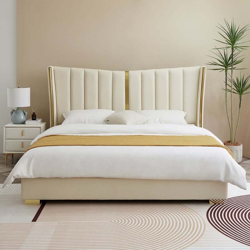 "Modern Beige King Size Bed Wingback Headboard Leather Upholstery & Gold Stainless Steel"