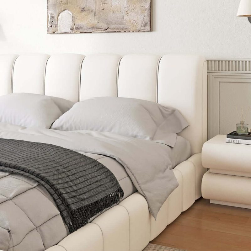 "Humply Modern Leather Wingback Queen Bed Frame with Upholstered Headboard"