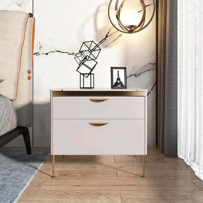 "Modern White Nightstand Luxury Stone Top 2-Drawer Lacquered Bedside Table"