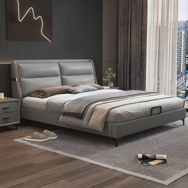 "Grey Upholstered Panel Modern Bed with Genuine Leather Headboard - 59"W x 79"L Open-Frame"