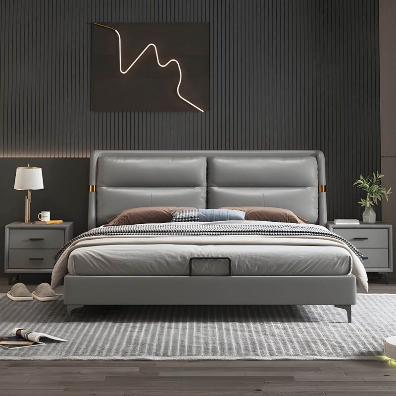 "Grey Upholstered Panel Modern Bed with Genuine Leather Headboard - 59"W x 79"L Open-Frame"