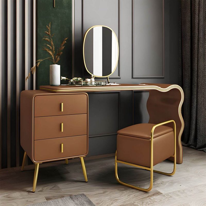 "3 Drawers Make-up Vanity Set, 28.74" H Leather Vanity with Stool & Mirror - Makeup Vanity & Mirror & Stools Gold-Brown 80 x 48 x 73 cm"