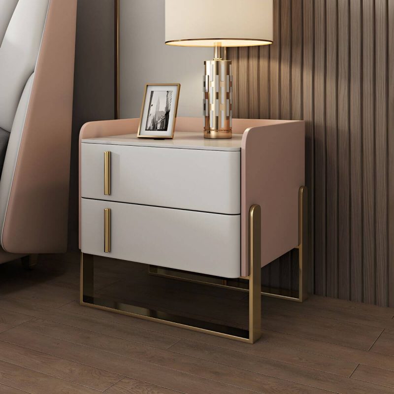 "Glam Nightstand with 2 Drawer 20-inch Tall Leather Night Table - Pink-White"