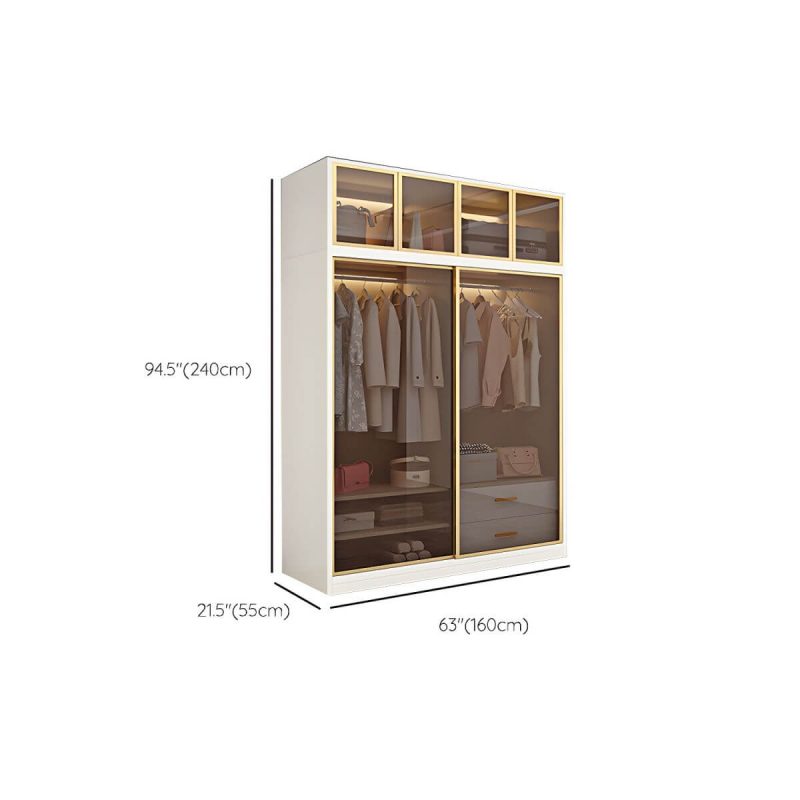 "Dimension of Modern White Wood Frame Wardrobe Freestanding Wardrobe with Sliding Glass Doors - Armoire with Top Cabinet 63"L x 22"W x 79"H"