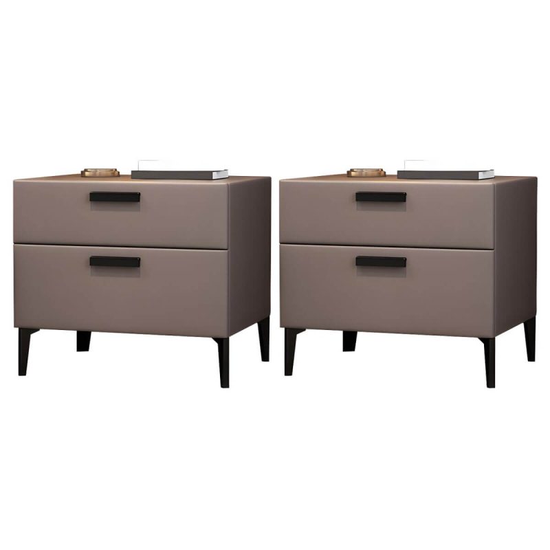 "Modern Night Table Solid Wood Accent Table Nightstand with 2 Drawers - Light Coffee 2 Piece Set"