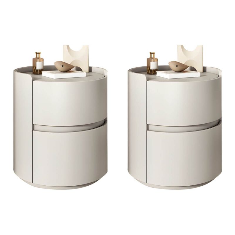 "Modern Faux Leather Round Nightstand with 2 Drawers, Light Wood Tone - Off-White 2 Piece Set 16"L x 16"W x 20"H"