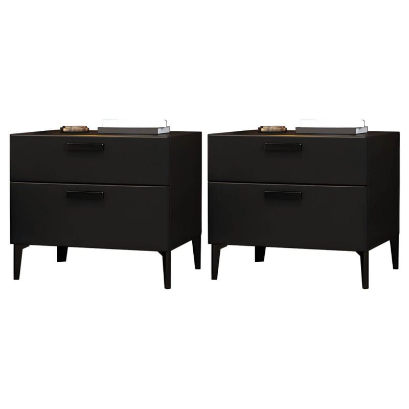 "Modern Night Table Solid Wood Accent Table Nightstand with 2 Drawers - Black 2 Piece Set"