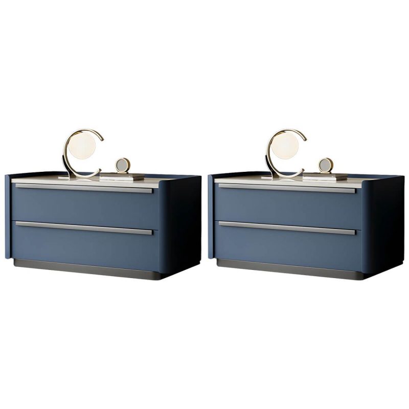"Modern Wood Nightstand with Drawer Storage, Light Wood Tone & Small Size - Dark Blue 2 Piece Set 28"L x 16"W x 20"H"