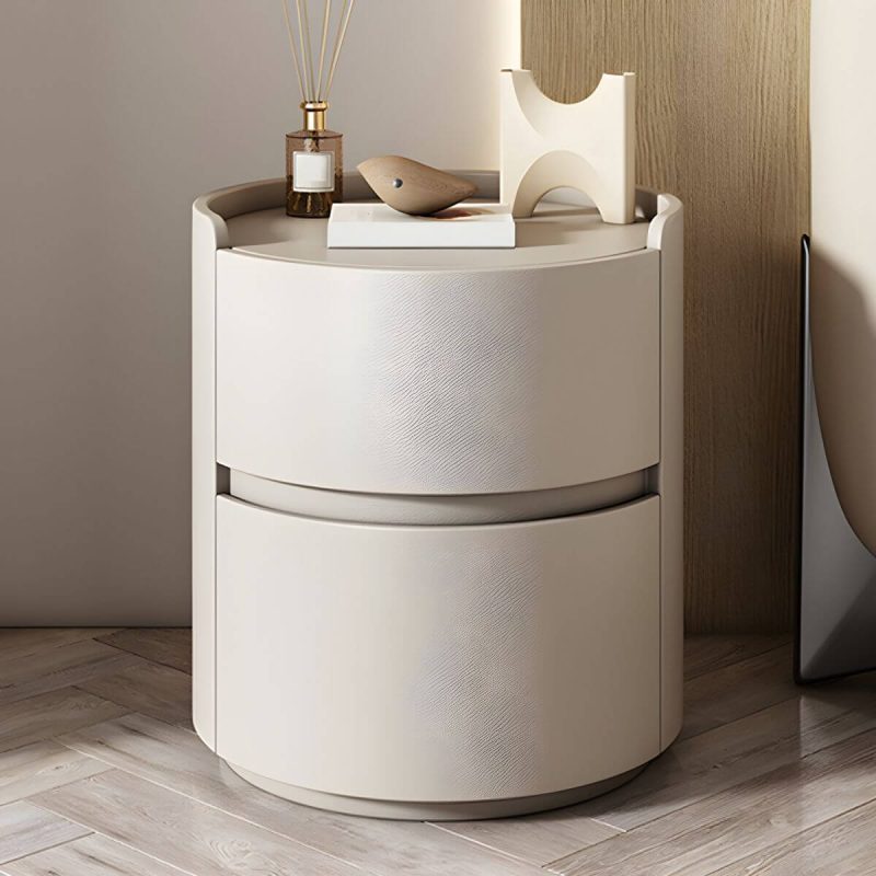 "Modern Faux Leather Round Nightstand with 2 Drawers, Light Wood Tone - Dark Coffee 1 Piece 18"L x 18"W x 20"H"