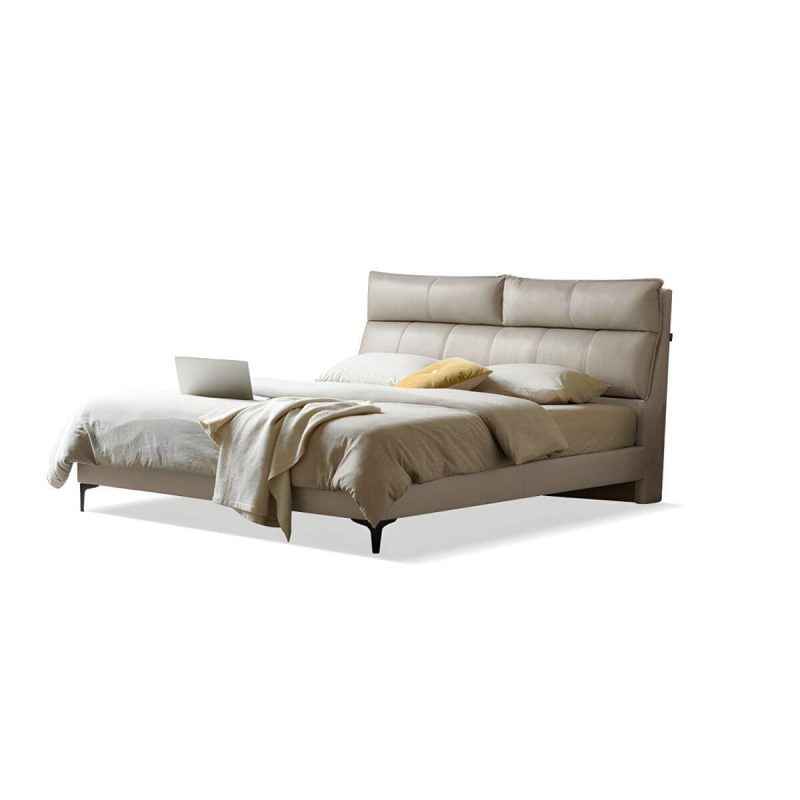 "Leather Standard Bed Contemporary Wood Frame Bed with Upholstered Headboard - 59"W x 79"L Bed & Mattress Light Gray"