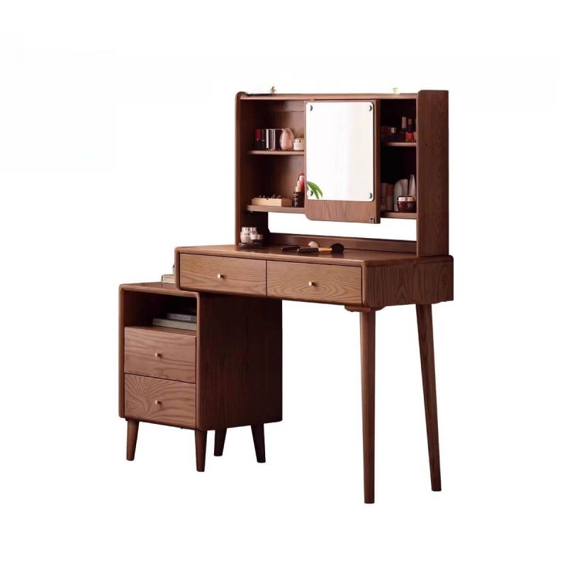 "Art Deco Large Wood Makeup Vanity, Nut-Brown, Dressing Table (35") & Chest of Drawers (17")"