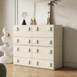"Pileable Art Deco Console Dresser with 8 Drawers, Vertical Natural Wood, Cream, 38"L x 15"W x 39"H"