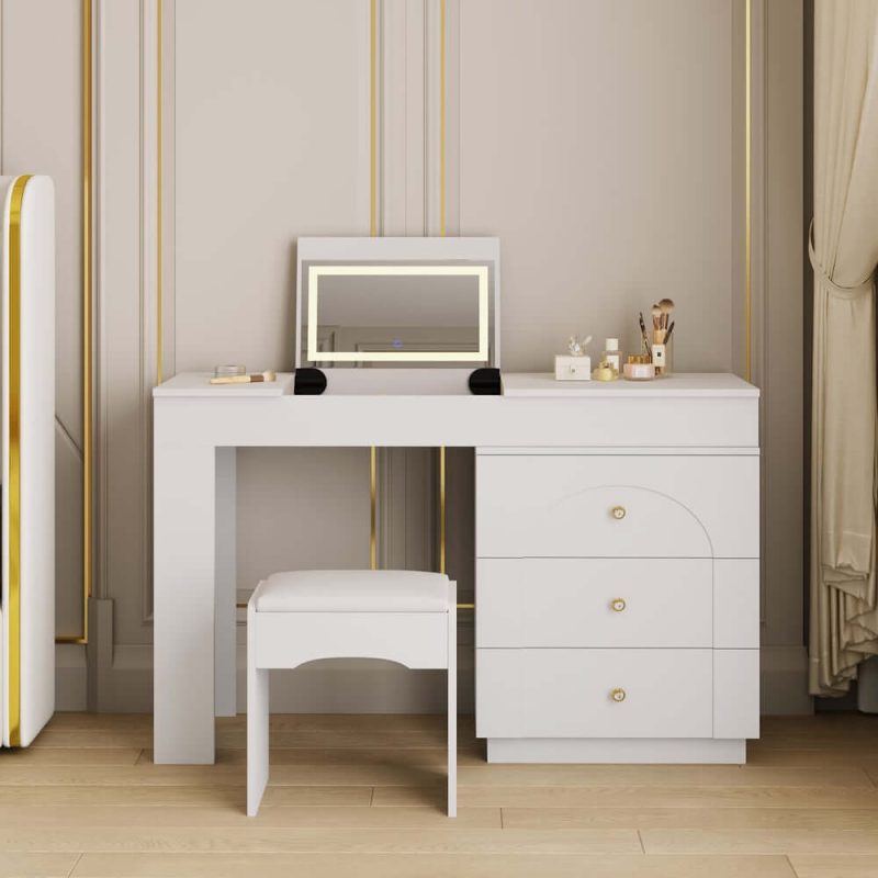 "49.2" White L-shape Makeup Vanity Set with Mirror & Stool"