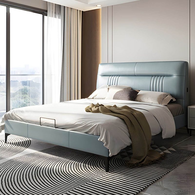 "Contemporary Standard Bed with Black Legs and Genuine Leather Panel Headboard - Grey Panel 71"W x 79"L Bed & Mattress"