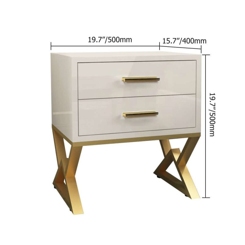 "Dimension of Nordic White Nightstand 2-Drawer Bedside Table Gold Finish"