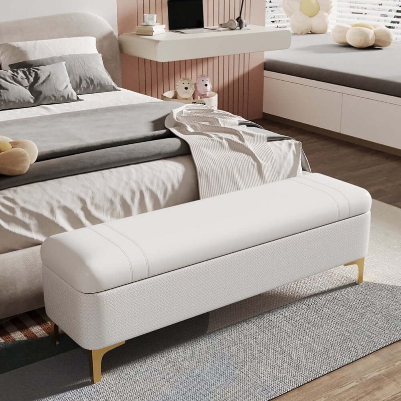 "Modern White PU Leather Bedroom Flip Top Storage Bench with Gold Stainless Steel Legs"