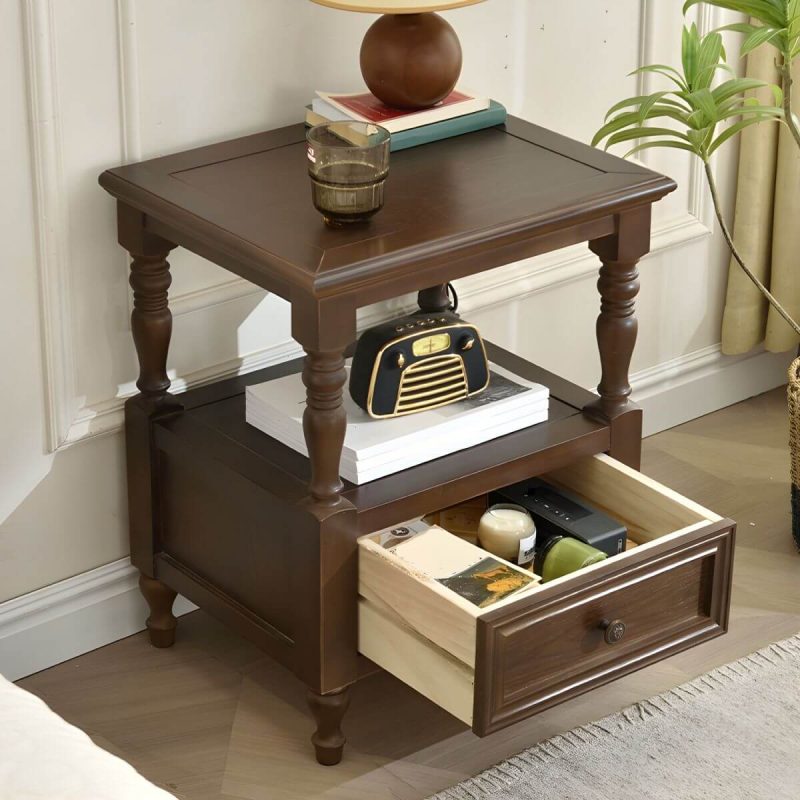 "Elegant Pine Wood Nightstand with Drawer and Shelf in Narrow Size - Walnut 2 Piece Set"