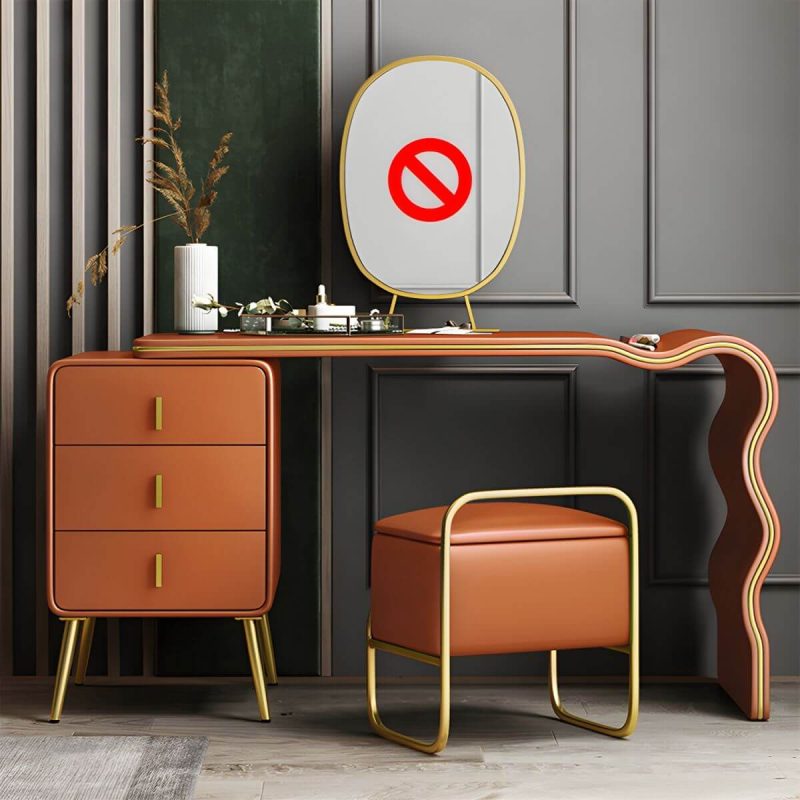 "3 Drawers Make-up Vanity Set, 28.74" H Leather Vanity with Stool & Mirror - 80 x 48 x 73 cm Makeup Vanity & Stools Orange/ Gold"