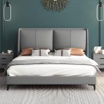 "Grey Upholstered Wingback Headboard with Wood Legs and Modern Design - 59""