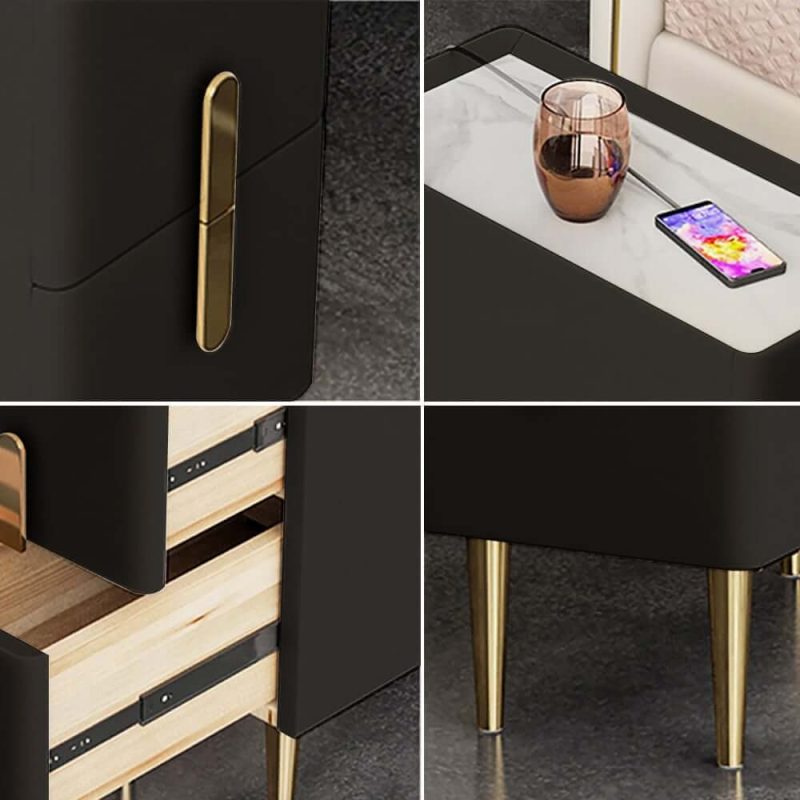 "Inarrow Modern Black Leather Nightstand Bedside Table with 2 Drawers in Gold Legs"