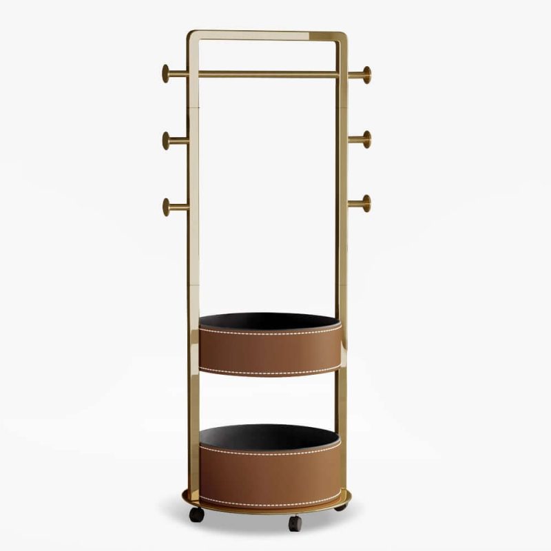 "Coat Rack Stand with 2 Trays Saddle Leather Hall Tree"