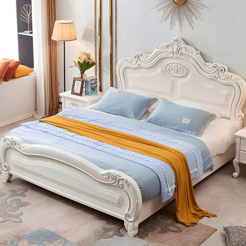 "Victorian Arched Standard Bed White Solid Wood Bed Frame with Headboard - Queen Bed & Mattress Panel Latex"