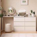 "Modish Large Vanity Set with Lumber Frame, 9 Drawers, Chalk Seating and Chair, Left, Makeup Vanity (47") & Dresser (59") & Stool"