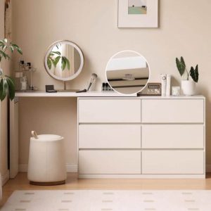 "Modish Large Vanity Set with Lumber Frame, 9 Drawers, Chalk Seating and Chair, Left, Makeup Vanity (47") & Dresser (59") & Stool"