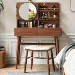 "Cocoa Trendy Makeup Vanity with 2 Drawers, Lumber Frame, Non-Upholstered Chair, Standing Mirror, and Standard Length, Makeup Vanity & Mirror, 43"L x 20"W x 50"H"
