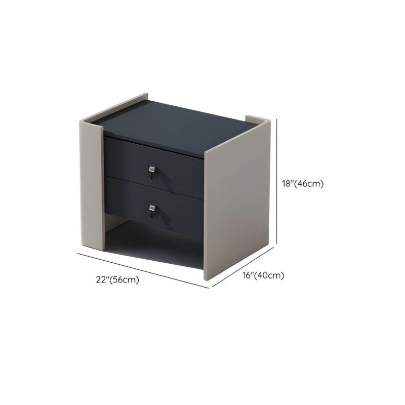 "Dimension of Modern Black Wood Nightstand with 2 Drawers and Faux Leather Countertop in Small Size - Right"