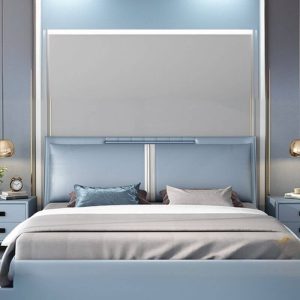 "Light Blue Art Deco Panel Bed with Mattress, Latex, 71"W x 79"L"