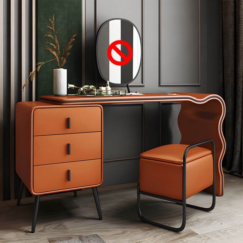 "3 Drawers Make-up Vanity Set, 28.74" H Leather Vanity with Stool & Mirror - 100 x 48 x 73 cm Makeup Vanity & Stools Orange/ Black"