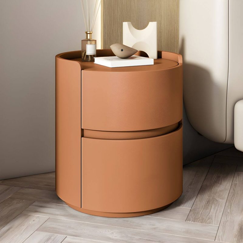 "Modern Faux Leather Round Nightstand with 2 Drawers, Light Wood Tone - Orange 1 Piece 18"L x 18"W x 20"H"