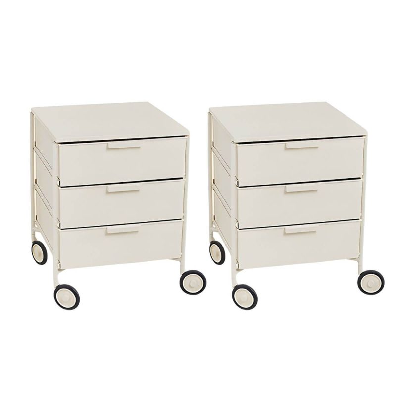 "Scandinavian Plastic Nightstand with 3 Drawers, Slim Design and Plastic Top - White 2 Piece Set"