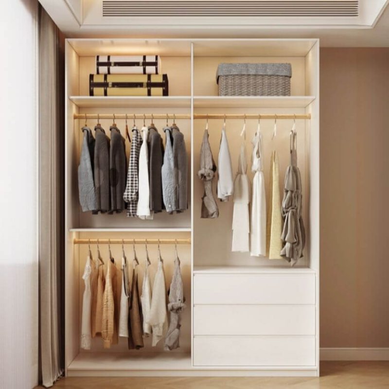"Casual White Wood Wardrobe Closet with 3 Drawers, Interior Shelves, and Hanging Rod, 55"L x 24"W x 94"H"