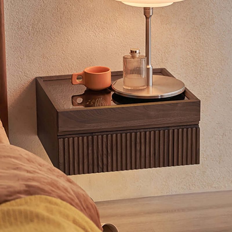 "Modern Floating Walnut Nightstand with Glass Top Jewelry Storage Bedside Table Set of 2"