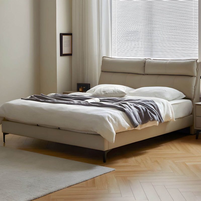 "Leather Standard Bed Contemporary Wood Frame Bed with Upholstered Headboard - 71"W x 79"L Single Bed Cream"
