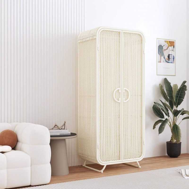 "Simplistic Chalk Alloy Wardrobe Closet with Interior Shelves and Hanging Rod, 2 Shelves, 31.5"L x 20"W x 75"H"